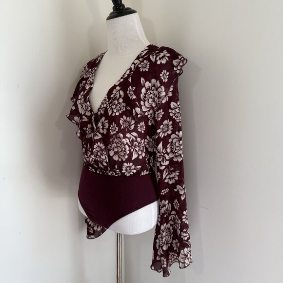Band Of Gypsies Blouse Top Bodysuit XS Burgundy Vintage Floral Long Bell Sleeve - Picture 6 of 13